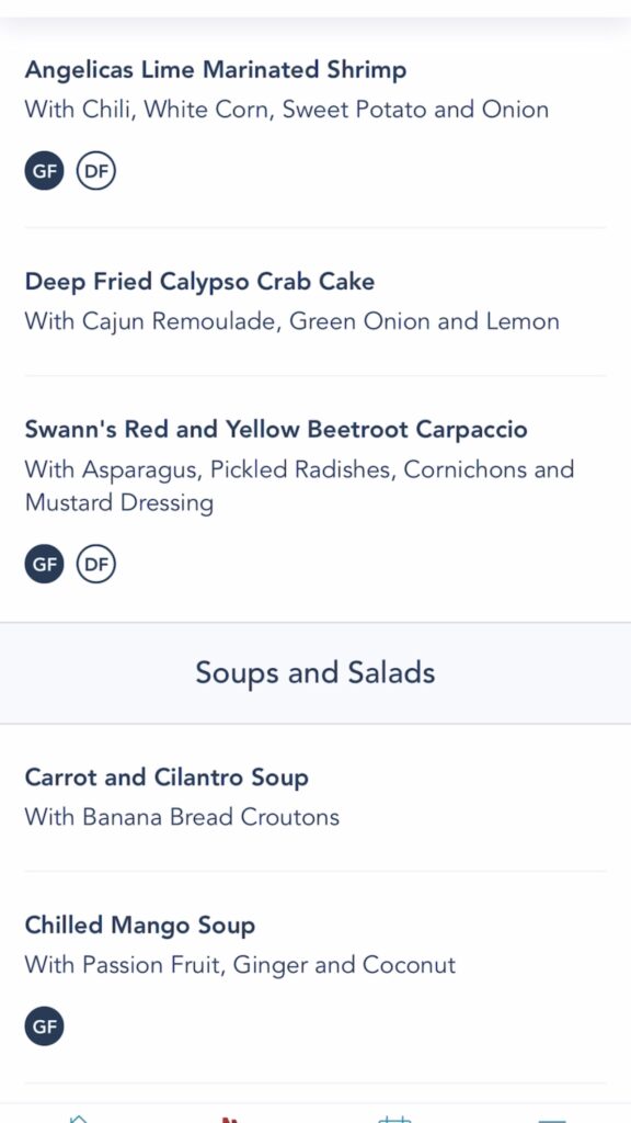 Screenshot of Disney Cruise Pirate Night Dinner Menu.