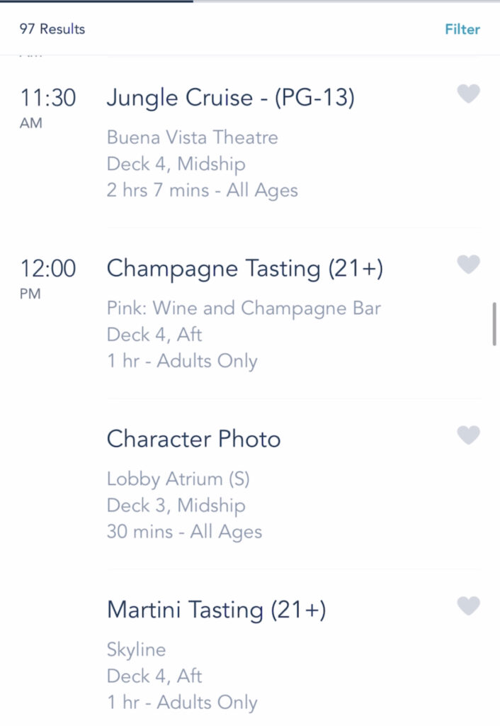 A screenshot of Disney Cruise activities on the Disney Dream.