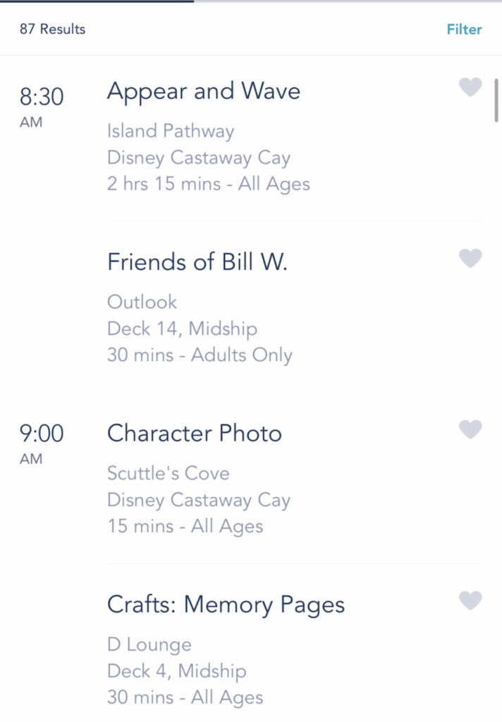 A screenshot of Disney Cruise activities on the Disney Dream.