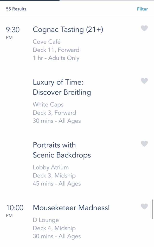 A screenshot of Disney Cruise activities on the Disney Dream.