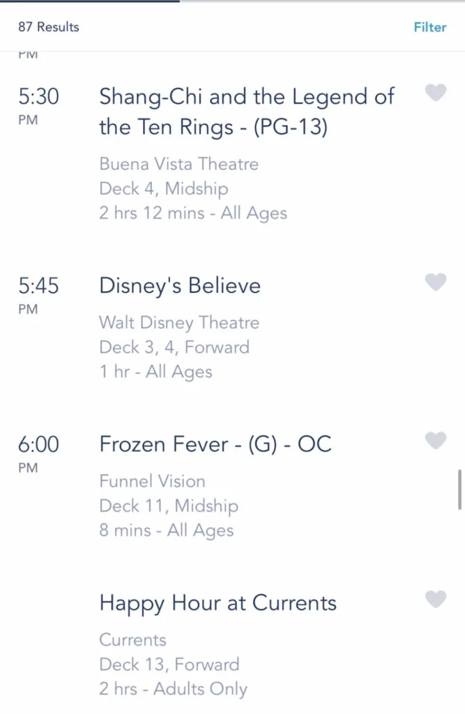 A screenshot of Disney Cruise activities on the Disney Dream.