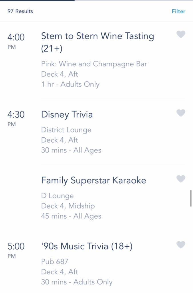 A screenshot of Disney Cruise activities on the Disney Dream.