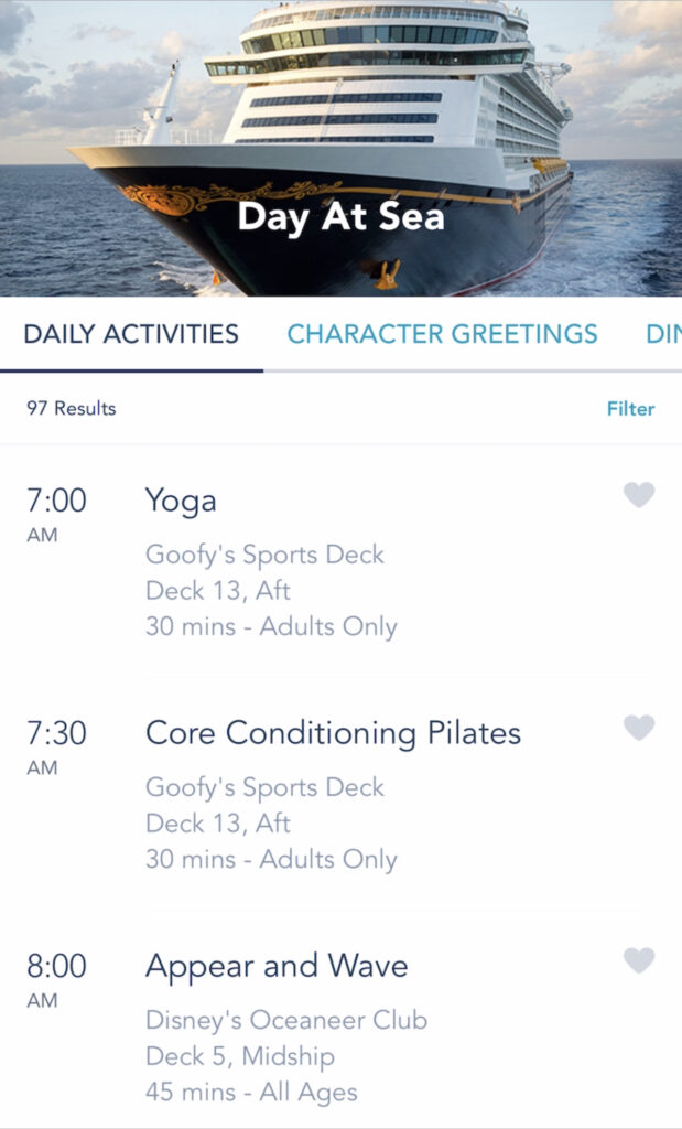 A screenshot of Disney Cruise activities on the Disney Dream.