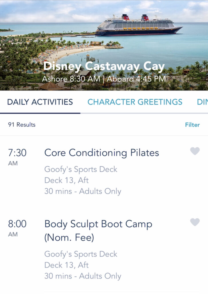 A screenshot of Disney Cruise activities on the Disney Dream.