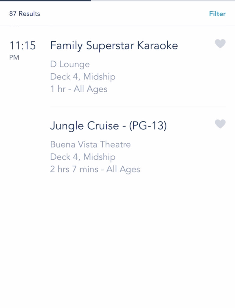 A screenshot of Disney Cruise activities on the Disney Dream.