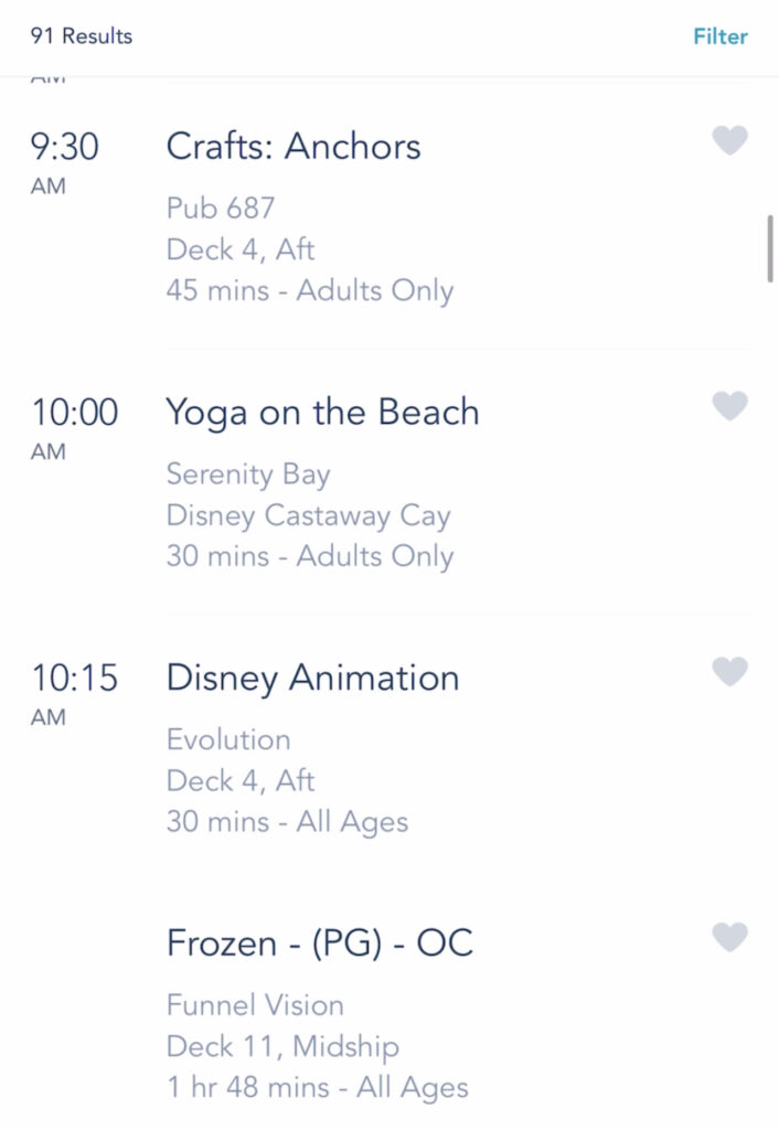 A screenshot of Disney Cruise activities on the Disney Dream.