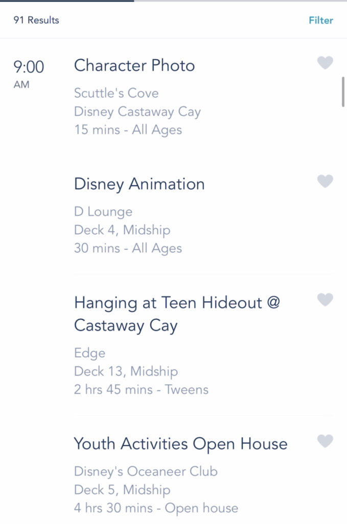 A screenshot of Disney Cruise activities on the Disney Dream.