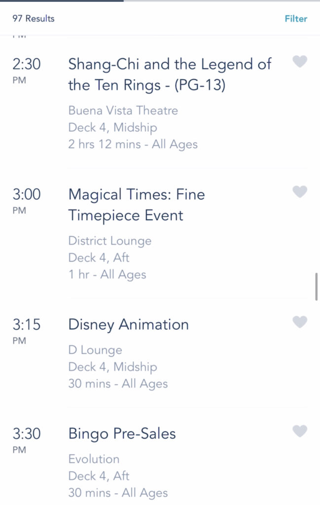 A screenshot of Disney Cruise activities on the Disney Dream.