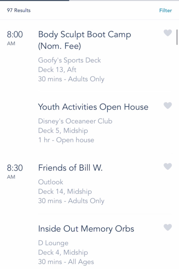 A screenshot of Disney Cruise activities on the Disney Dream.