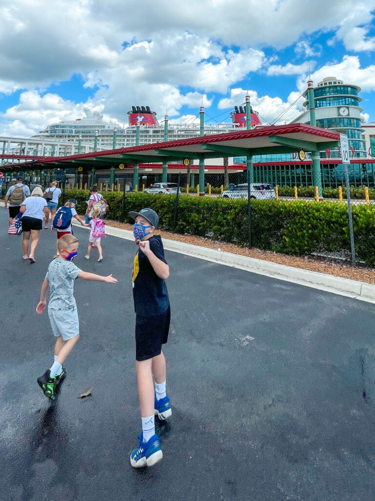 Passengers heading toward the Disney Dream at the Disney Cruise Line Terminal.