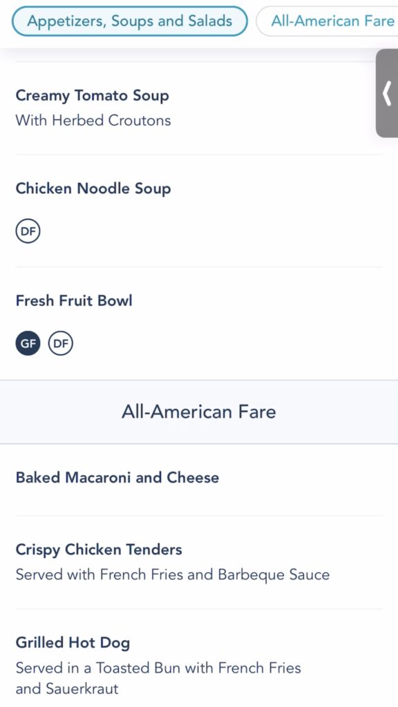 Picture of Disney Cruise Room Service Menu from the Disney Cruise Line Navigator App.