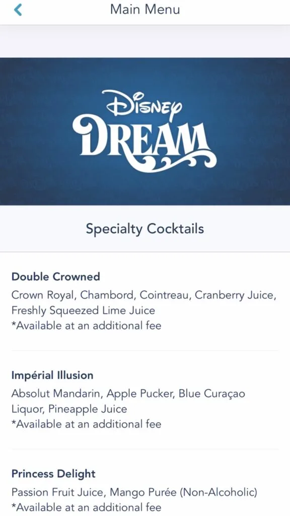 Screenshot of Royal Palace Menu from the Disney Dream.