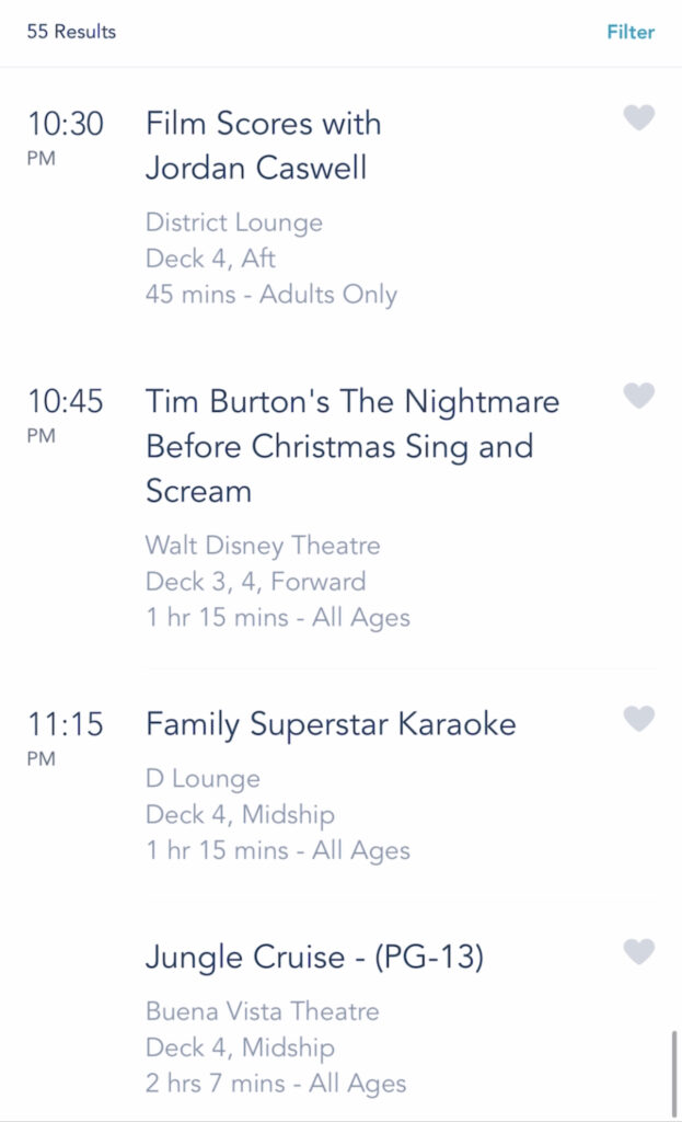 A screenshot of Disney Cruise activities on the Disney Dream.