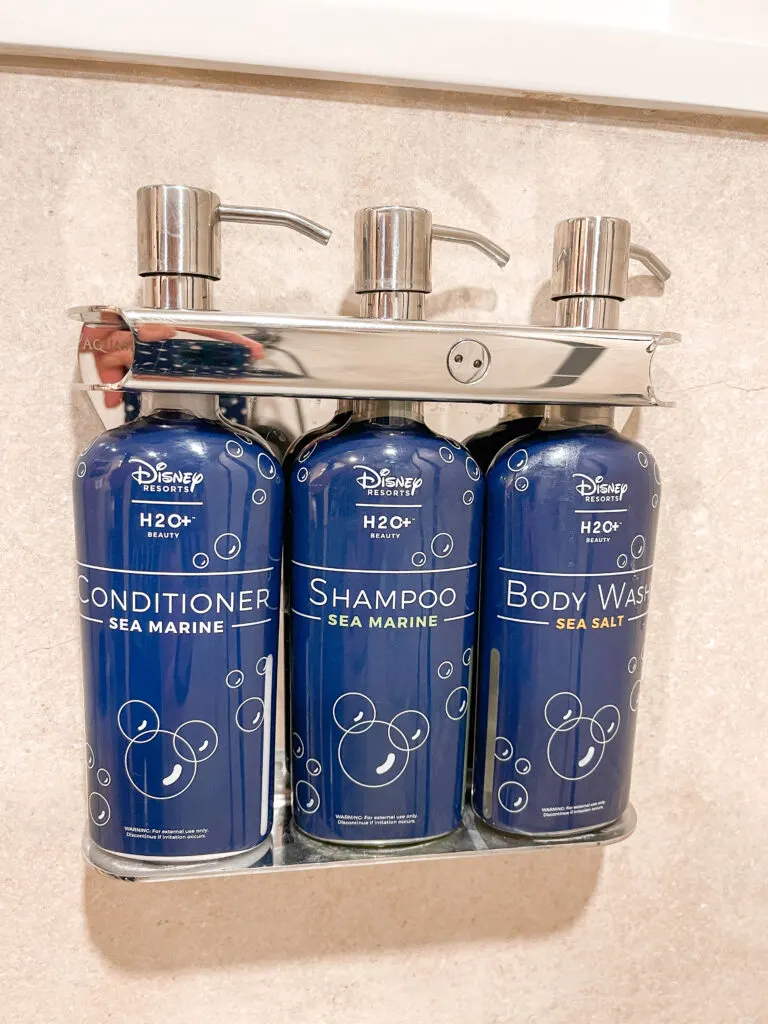Disney's H20 bathroom products in the shower at Disney's Animal Kingdom Lodge.