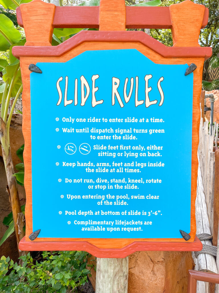 A sign showing water slide rules at Animal Kingdom Lodge.