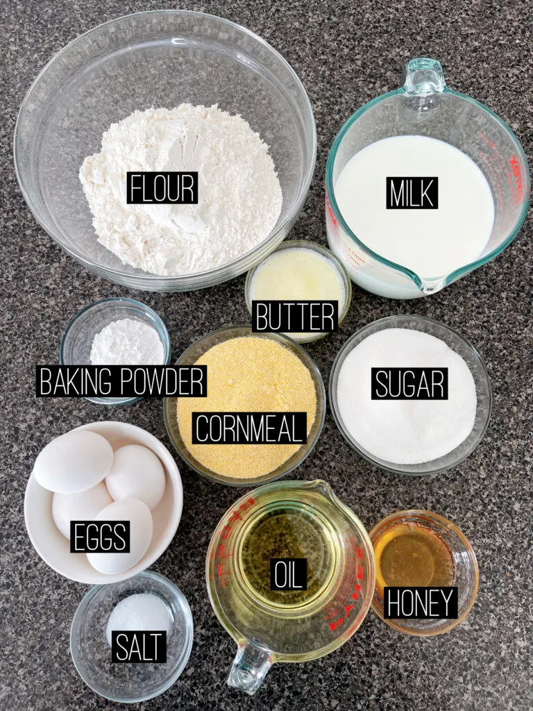 A picture of ingredients to make sweet moist cornbread.