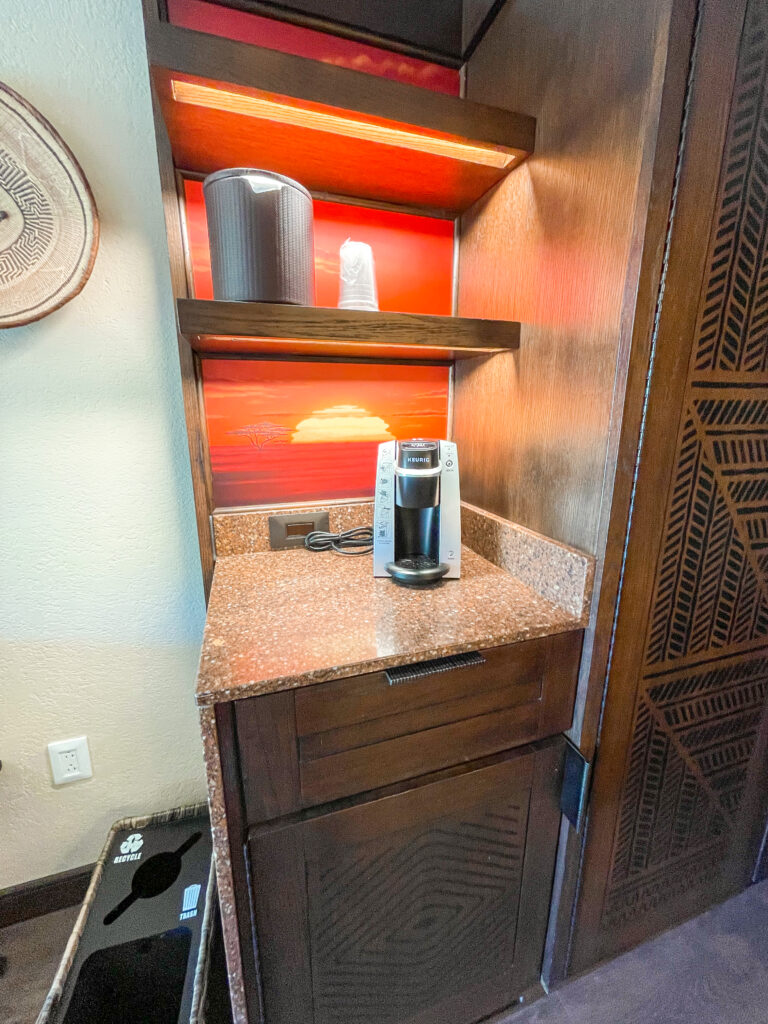 Kitchenette area of a standard room at Disney's Animal Kingdom Lodge.