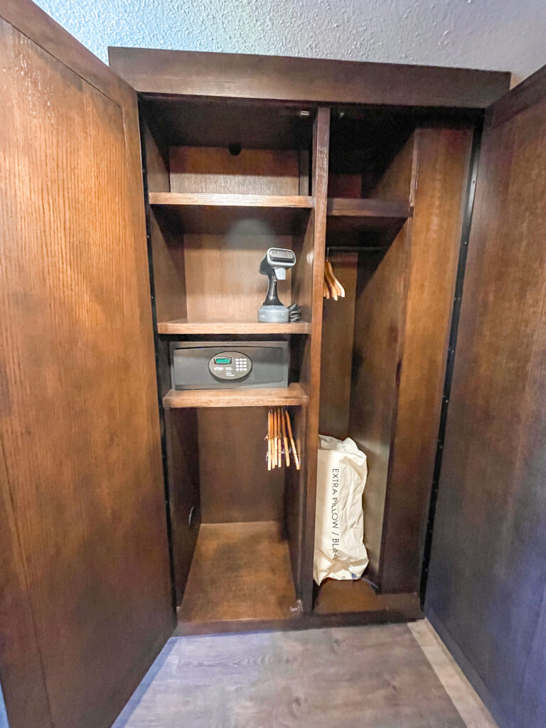 Inside view of the closet inside a standard room at Disney's Animal Kingdom Lodge.