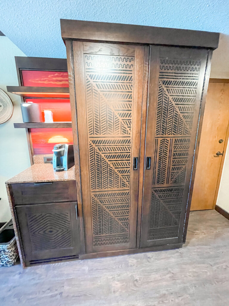 Wardrobe closet in a standard room with a savanna view at Disney's Animal Kingdom Lodge.