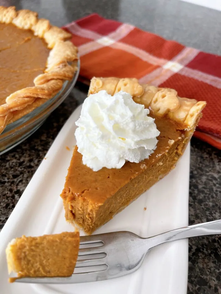 A slice of pumpkin pie with whipped cream.