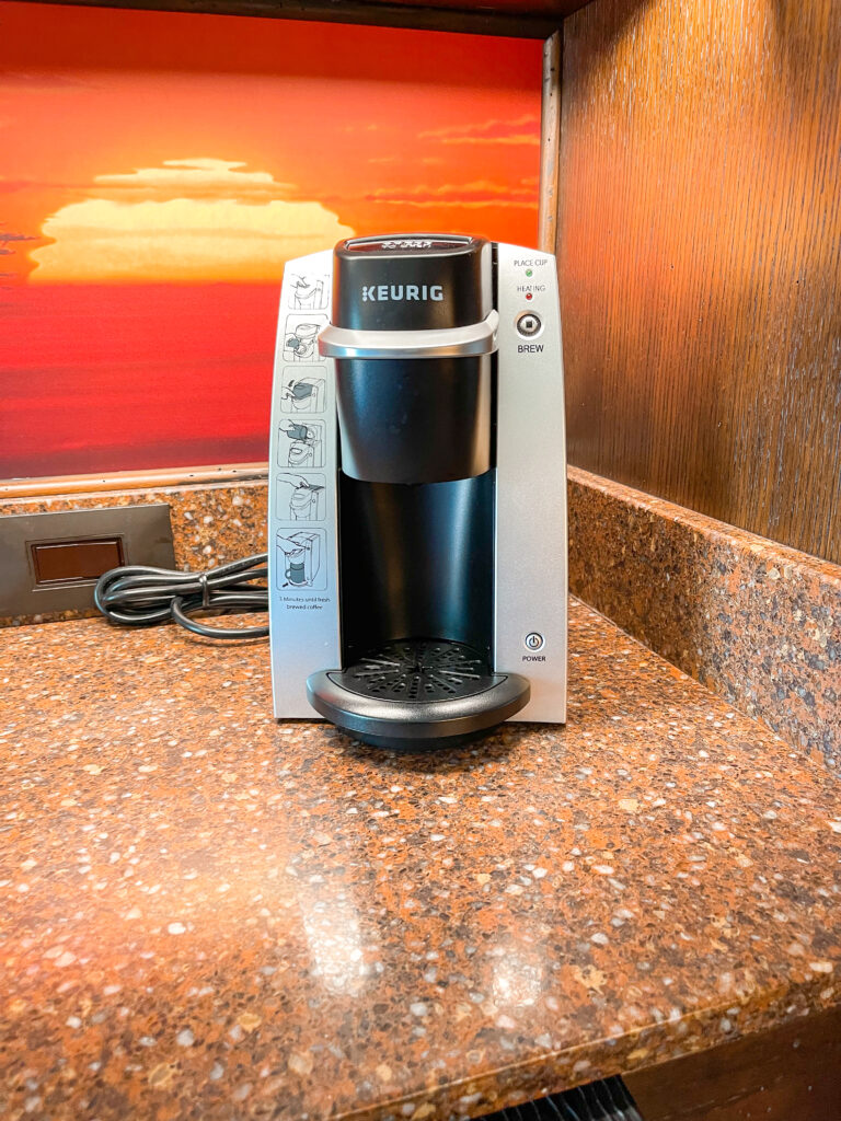 Keurig coffee maker in a standard room with a savanna view at Disney's Animal Kingdom Lodge.