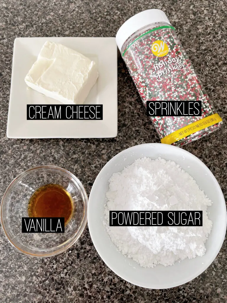 Ingredients to make cream cheese frosting for Melt Away Cookies.