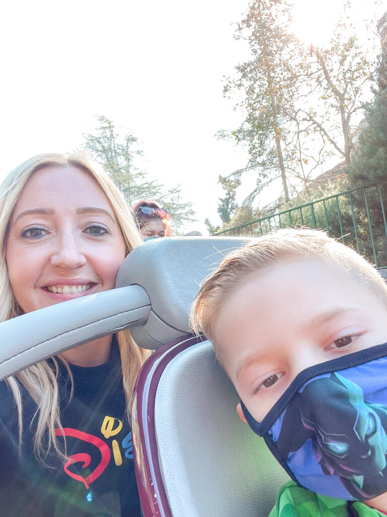 Two people in a bobsled riding the Matterhorn at Disneyland.