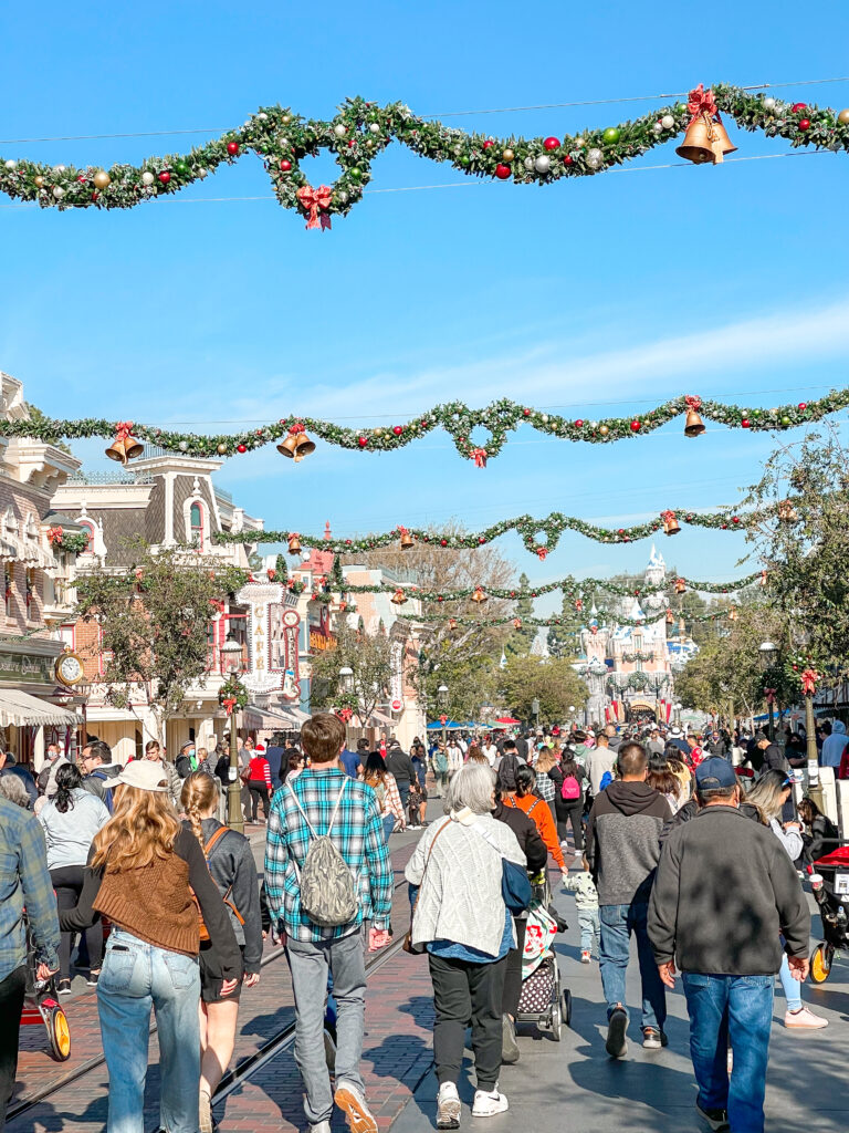 Mickey Mouse Christmas garland on Main Street USA at Disneyland.