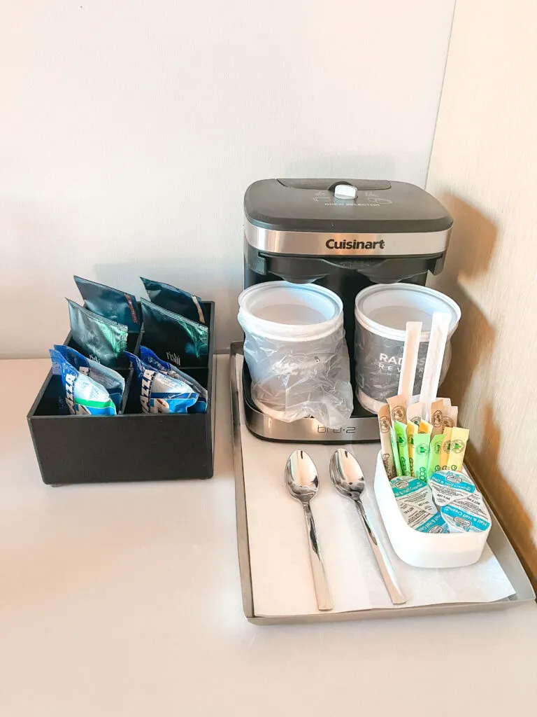 Complimentary coffee supplies in a guest room at Radisson Blu Anaheim.