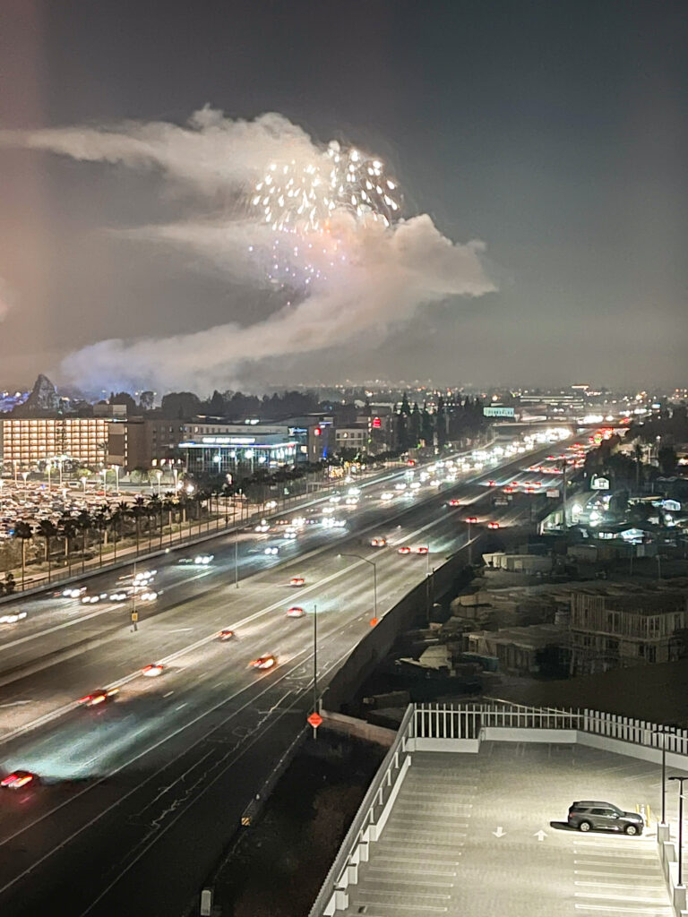 View of Disneyland fireworks from a guest room on the 11th floor of Radisson Blu Anaheim.