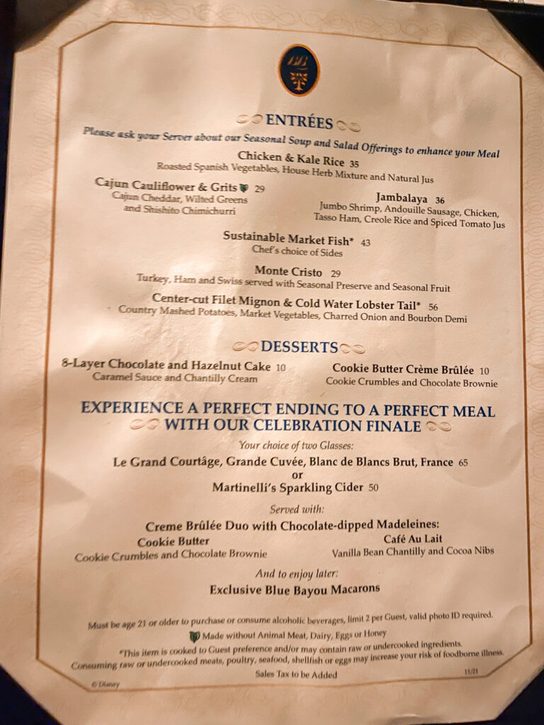 A picture of the Blue Bayou menu.