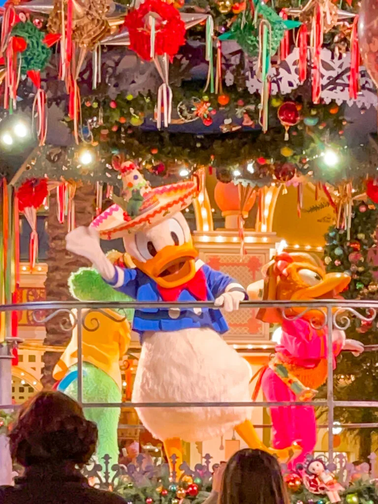 Donald Duck on a float in the Christmas parade at Disney California Adventure.