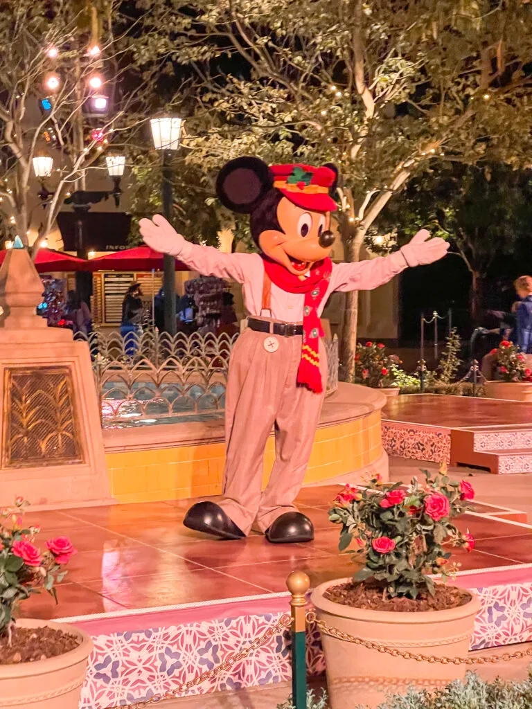 Mickey Mouse dressed up for Christmas on Buena Vista Street.