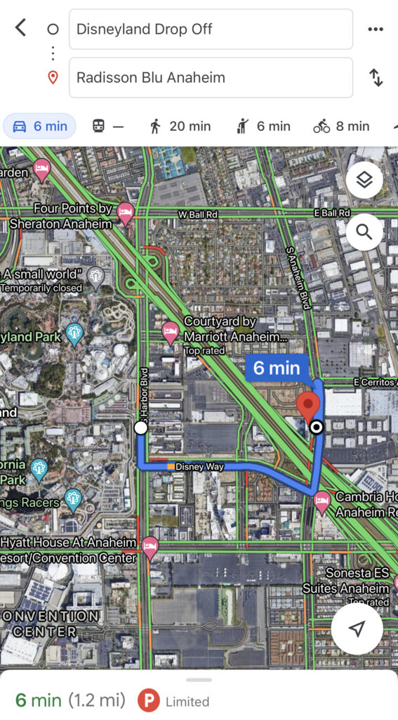 Map showing the distance between Radisson Blu Anaheim and Disneyland.