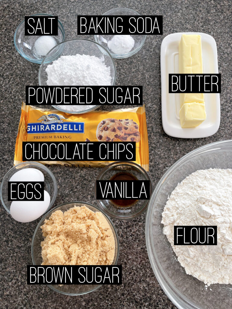 A picture of labeled ingredients to make Disney's Grand Floridian Chocolate Chip Cookies.