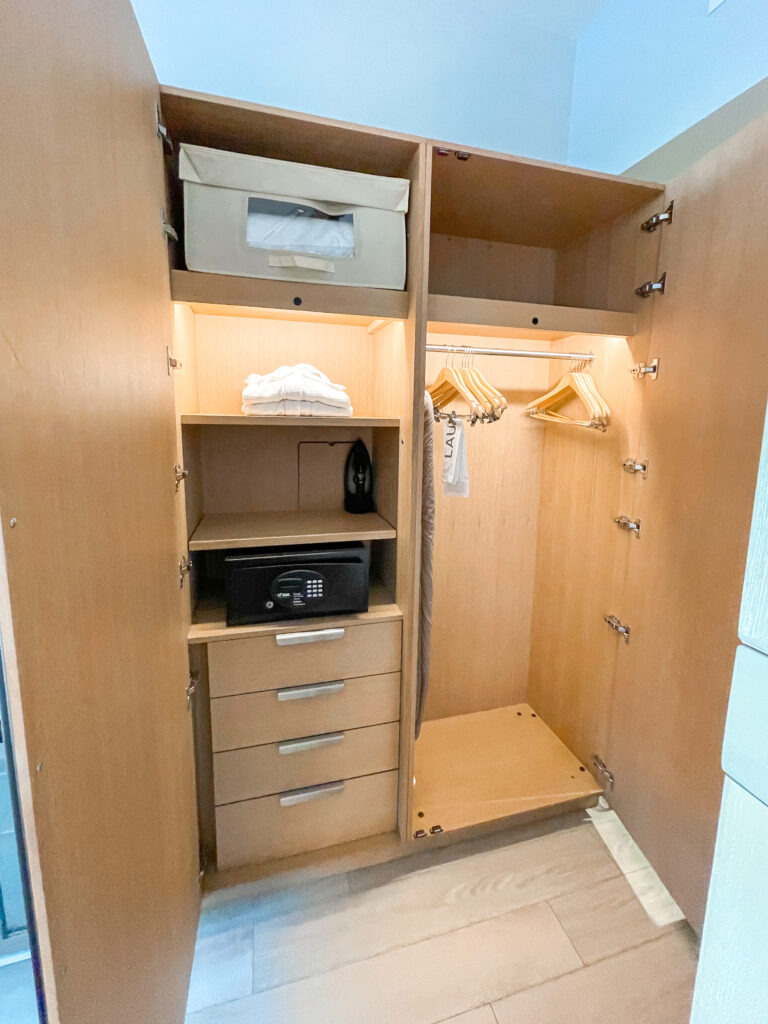 Closet storage in a guest room at Radisson Blu Anaheim.