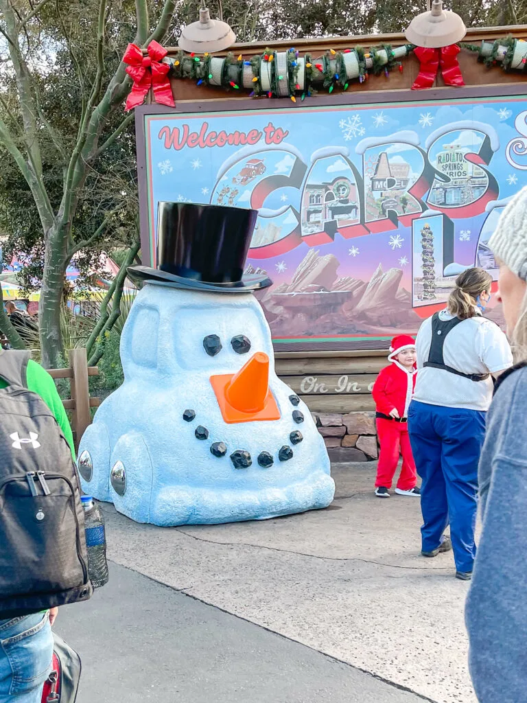 A car in Cars Land dressed as a snowman.