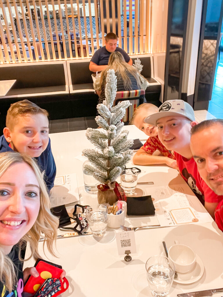 A family eating breakfast at Fire Lake Grillhouse inside Radisson Blu Anaheim.