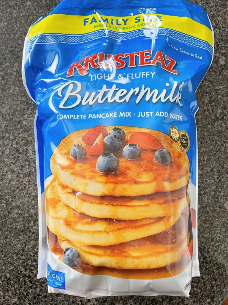 A bag of Krusteaz Buttermilk pancake mix.