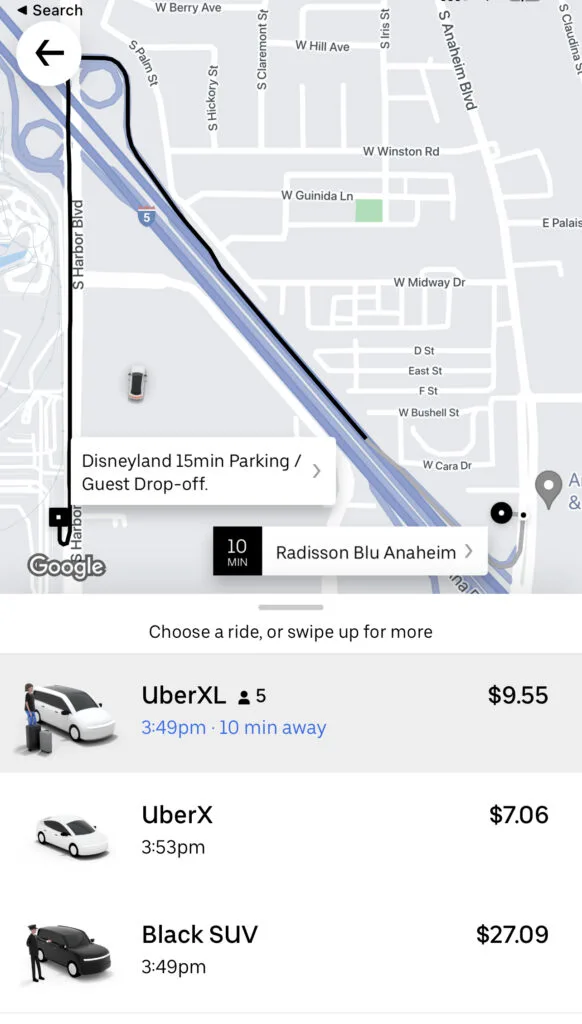 Estimated price for an Uber ride from Radisson Blu Anaheim to Disneyland.