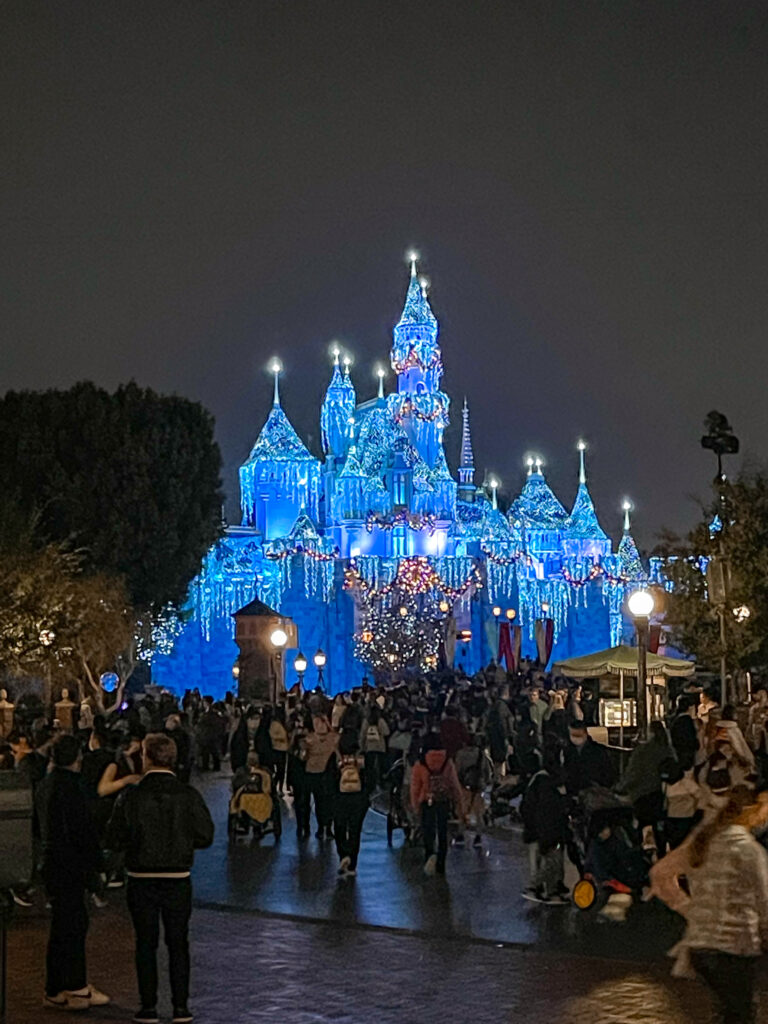 Sleeping Beauty Castle lit up with Christmas lights.