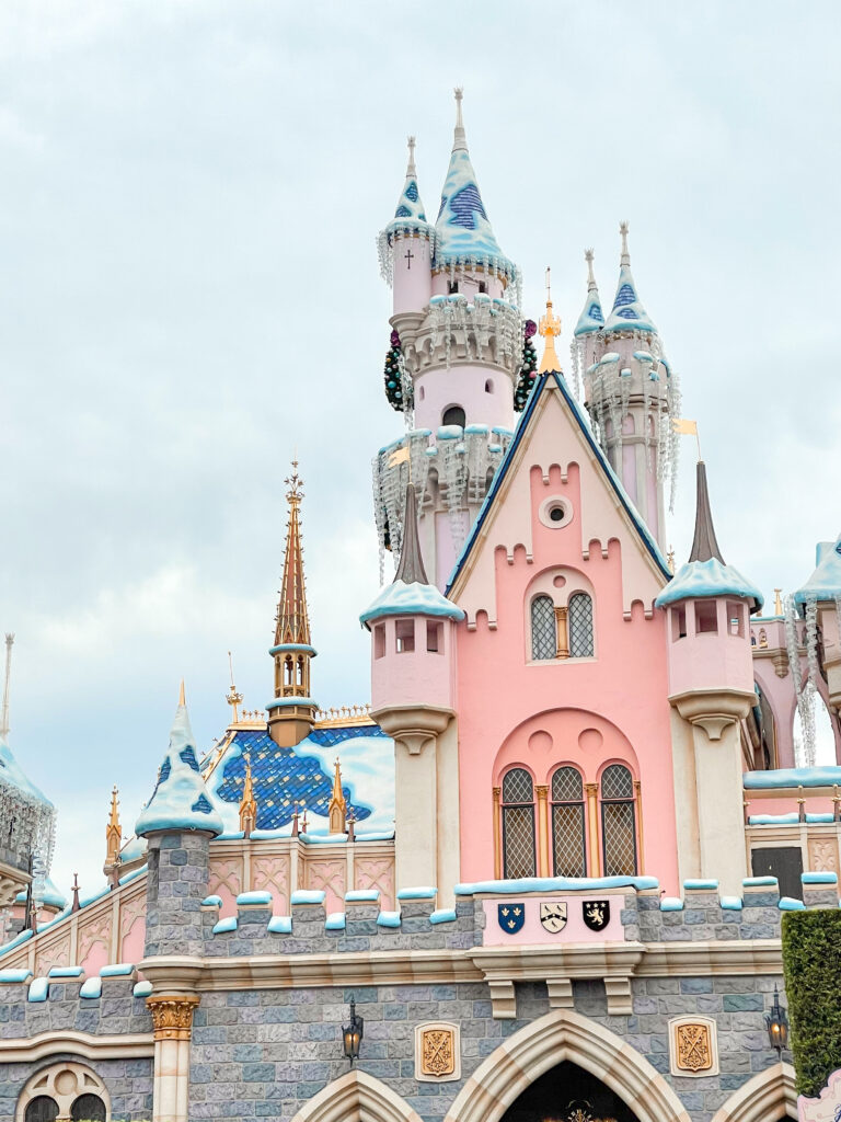 Sleeping Beauty Castle decorated for Christmas.