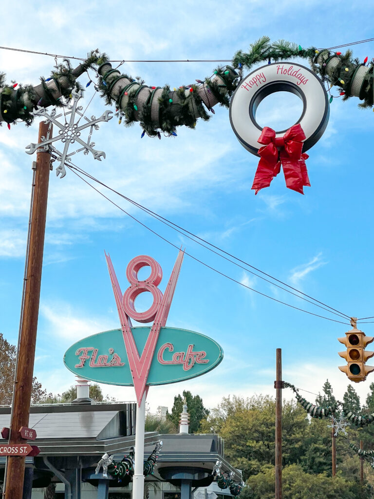 Cars Land Decorated for Christmas.