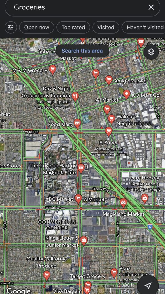 Map of grocery stores near Disneyland.