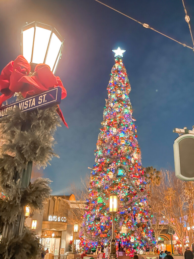 Buena Vista Street Christmas tree at Disney California Adventure.