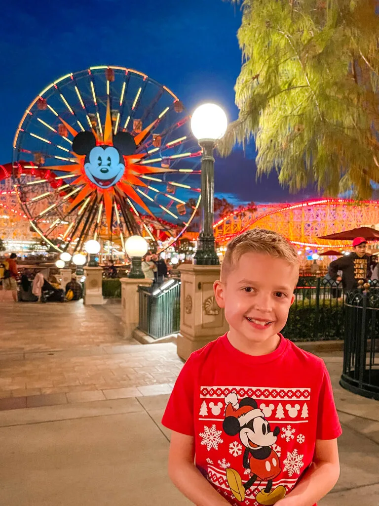 A boy in front of the Mickey Mouse ferris wheel at Disney California Adventure.