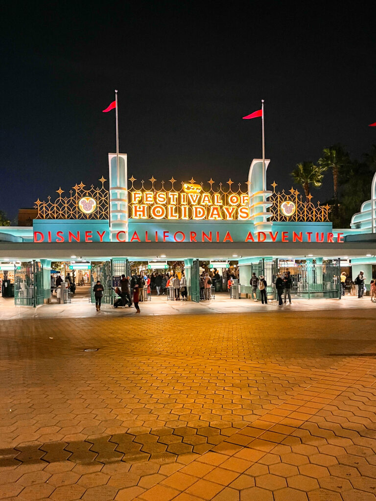 Entrance to Disney California Adventure Park Festival of the Holidays.