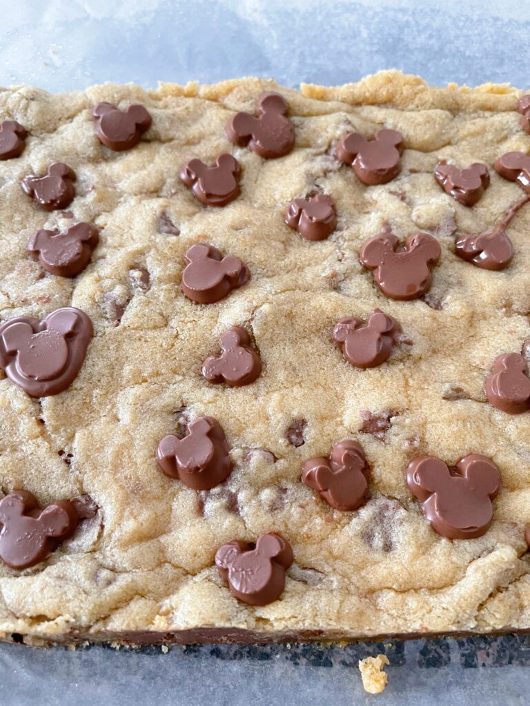 Chocolate chip cookie bars with Mickey Mouse shaped chocolate chips.