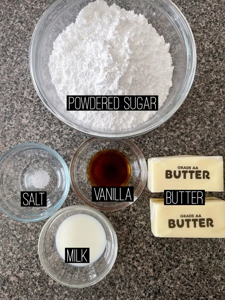 A picture of ingredients to make classic vanilla buttercream frosting.