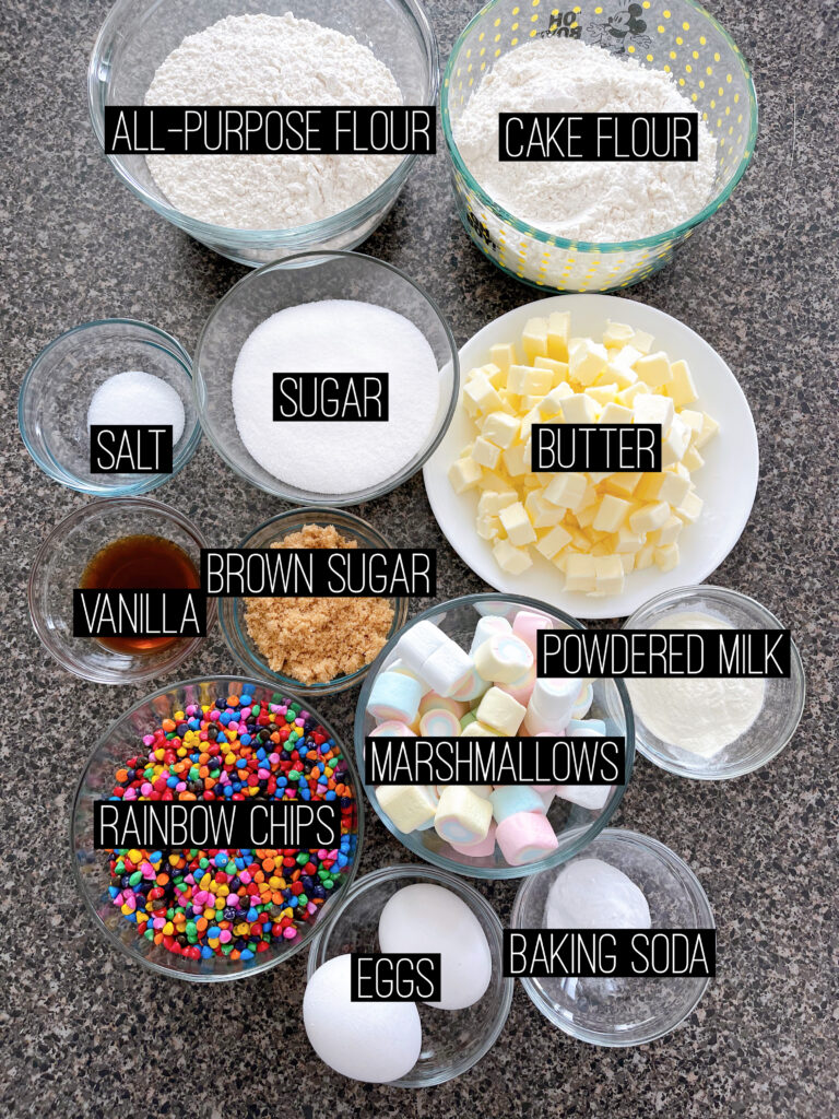 A picture of ingredients to make marshmallow rainbow chip cookies.